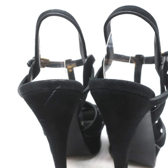 YVES SAINT LAURENT TRIBUTE PLATFORM SANDALS BLACK LEATHER-TRIM SUEDE SIZE 39 - Picture 8 of 11